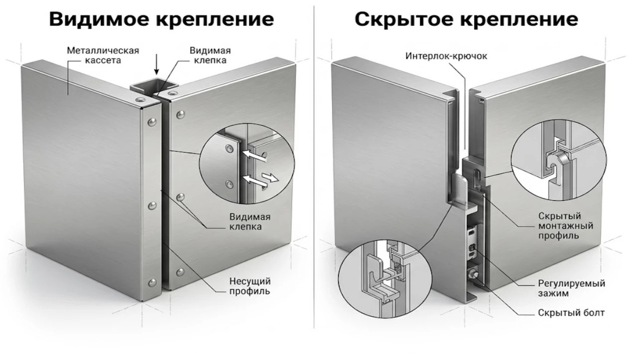 Схема скрытого и видимого крепления фасадных металлокассет.