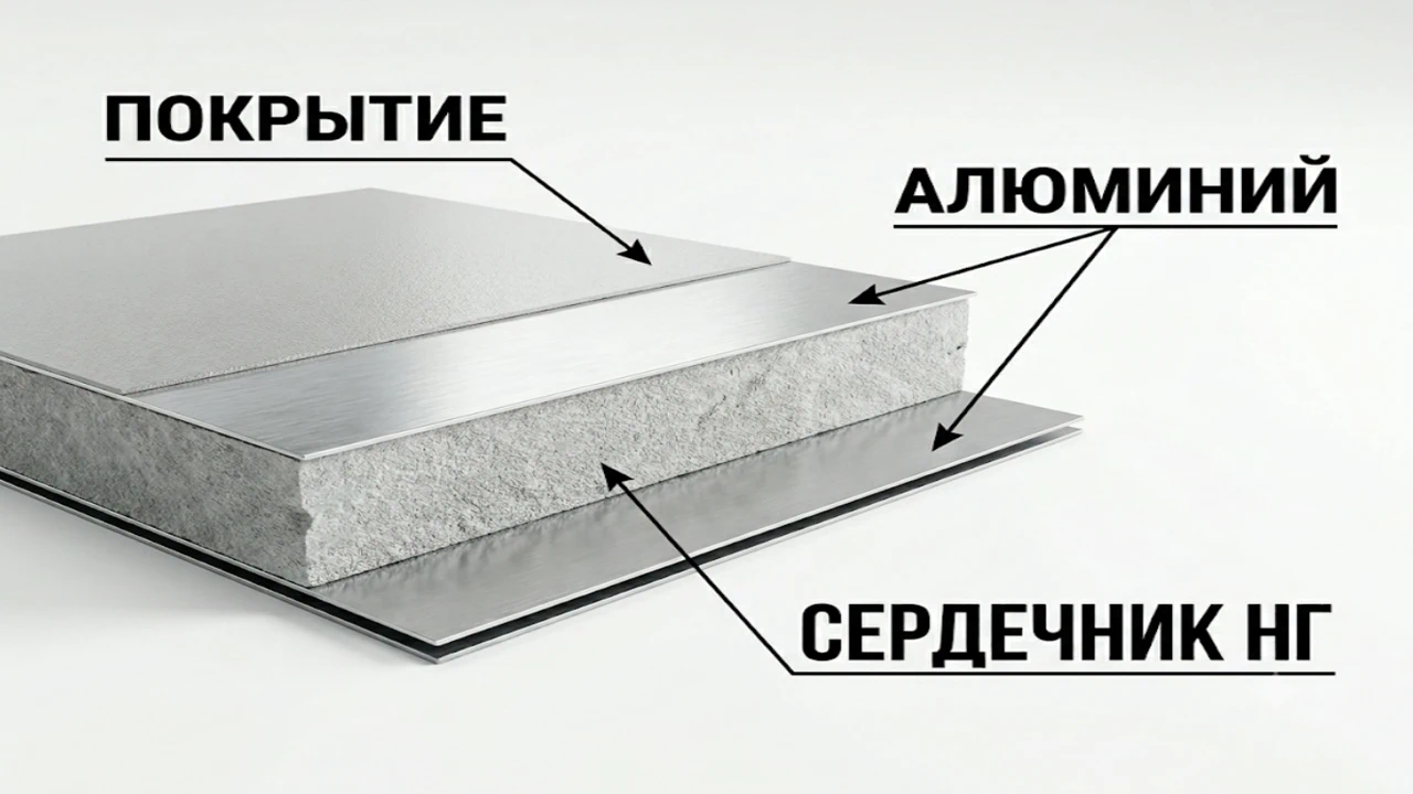 Инфографика структуры алюминиевой композитной панели в разрезе